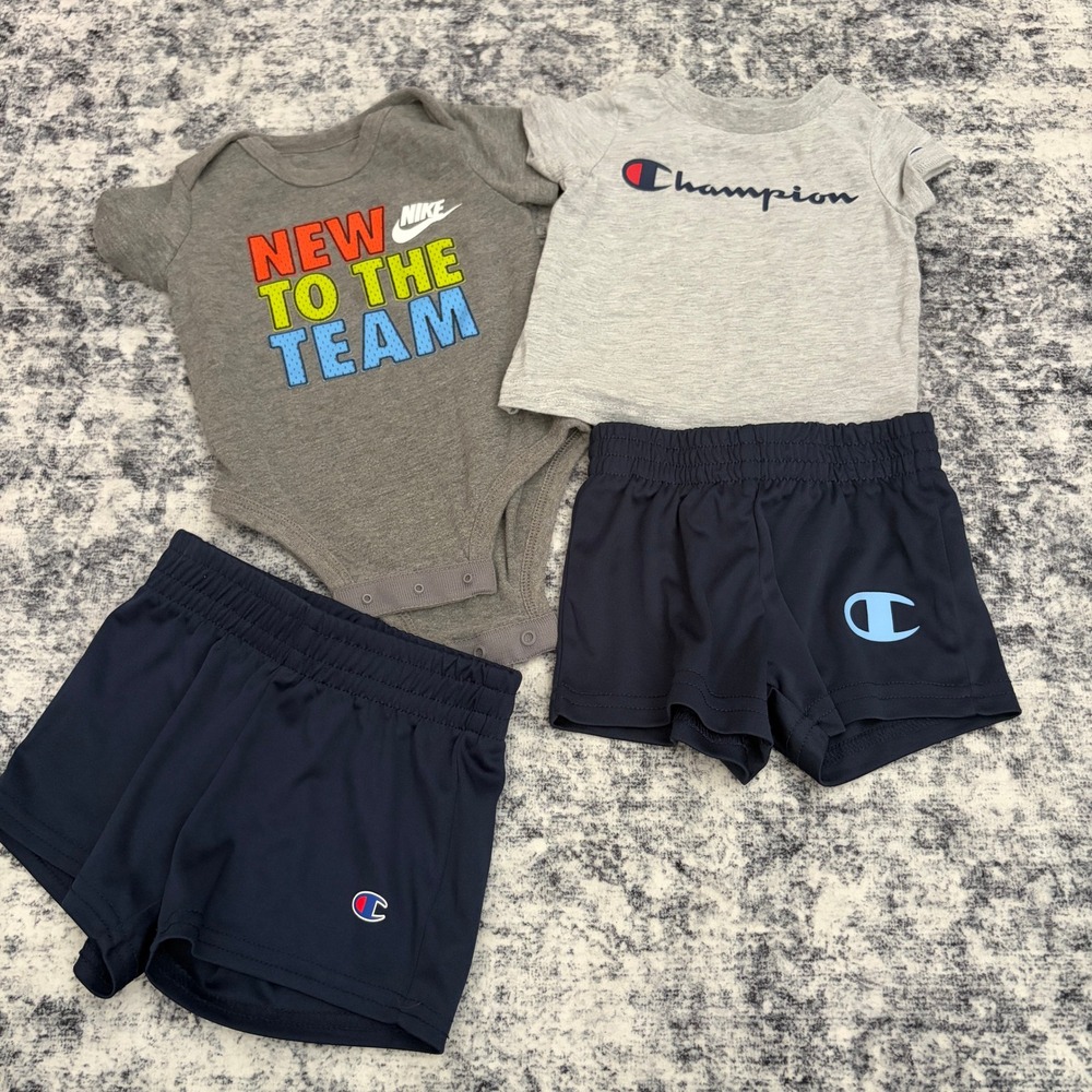 Nike Champion Baby Boy 0-3M Bodysuit T-Shirt Shorts 4pc Lot Athletic Grey Navy
